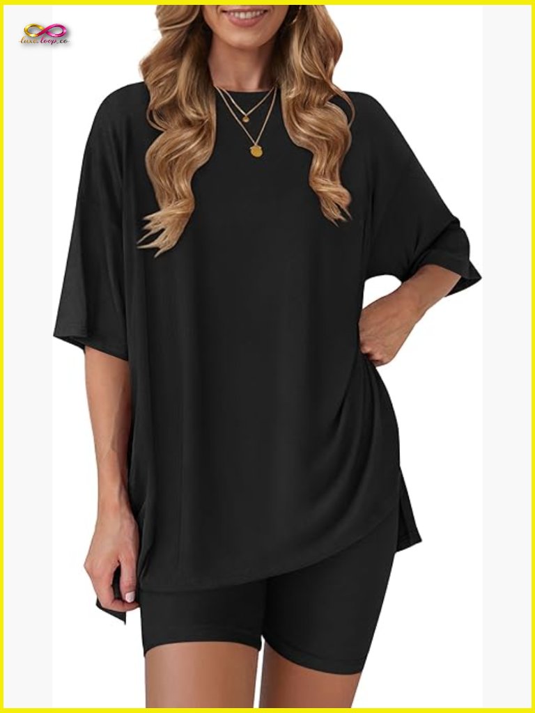 2 Piece Lounge Sets Women Oversized Shirt Biker Shorts Matching Summer Travel